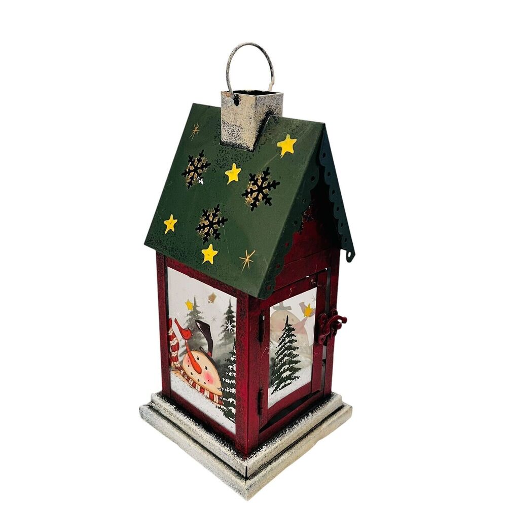 Hand Painted Metal Christmas House Candle Lantern Hanging Decor 10"H